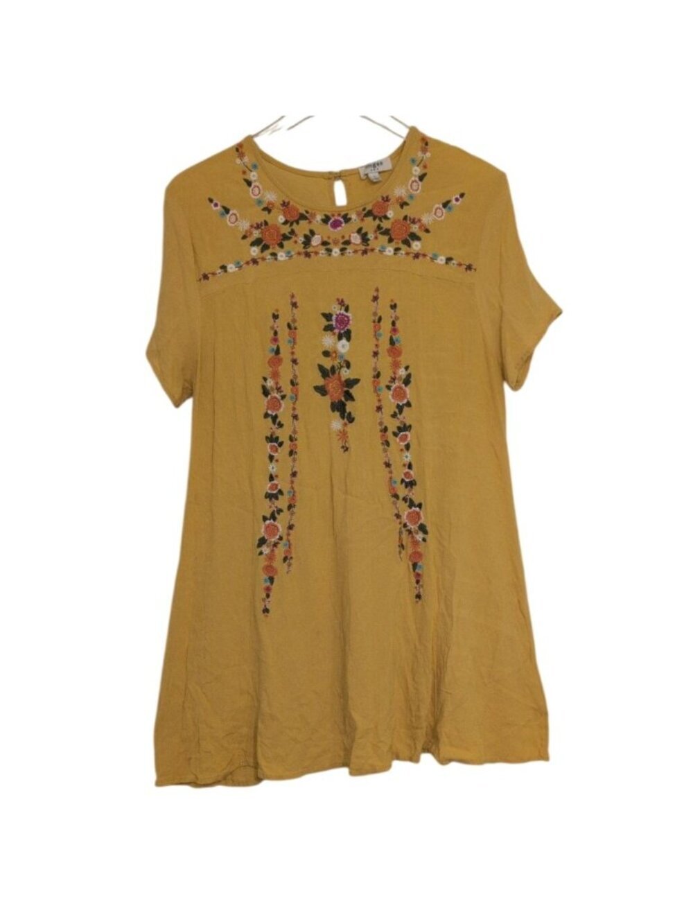Umgee Embroidered Floral Mini Dress Womens Size Large Yellow Boho A Line Casual